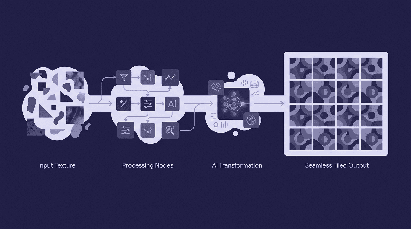Texture Pipeline Automation - Visual Transformation Flowchart showing an input texture passing through processing nodes and AI transformation to create a seamless tiled output.