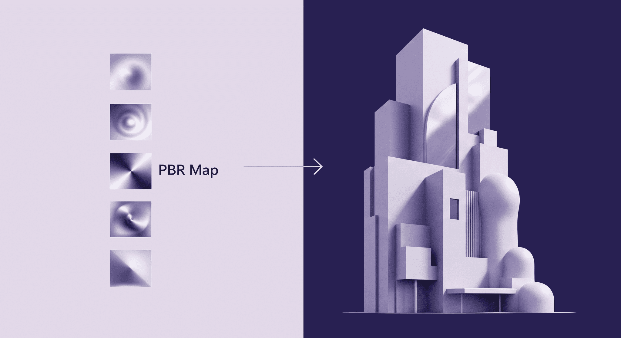 PBR Maps for Architectural Design Transformation An illustration showing a stack of four distinct PBR map icons (e.g., normal map, displacement map, roughness map, metallic map) labeled PBR Map on the left. An arrow points from these maps to a stylized, untextured 3D architectural building model on the right, symbolizing how PBR textures transform architectural designs.