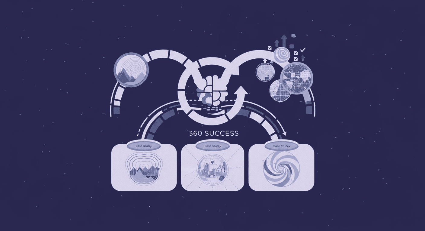 360 Texture Systems in Games - Geometric to Environment Transformation An infographic illustrating the 360 Success workflow, featuring a central logic hub connected to environment case studies.