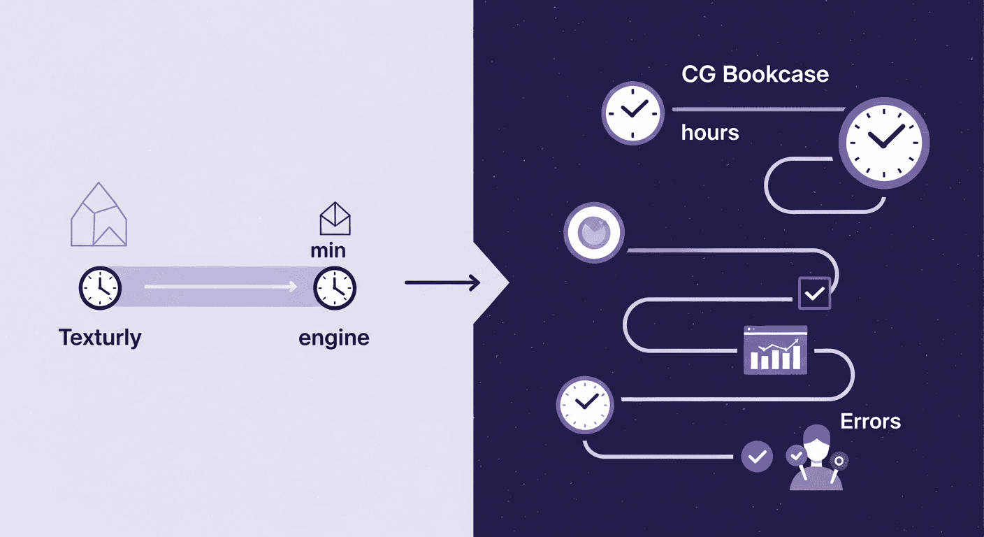 Texturly vs. CG Bookcase: AI Texture Generation Speed Comparison A diagram contrasting texture workflows: the left side shows Texturly generating a texture in minutes, compared to the right side showing the CG Bookcase workflow taking hours and involving multiple complex steps.