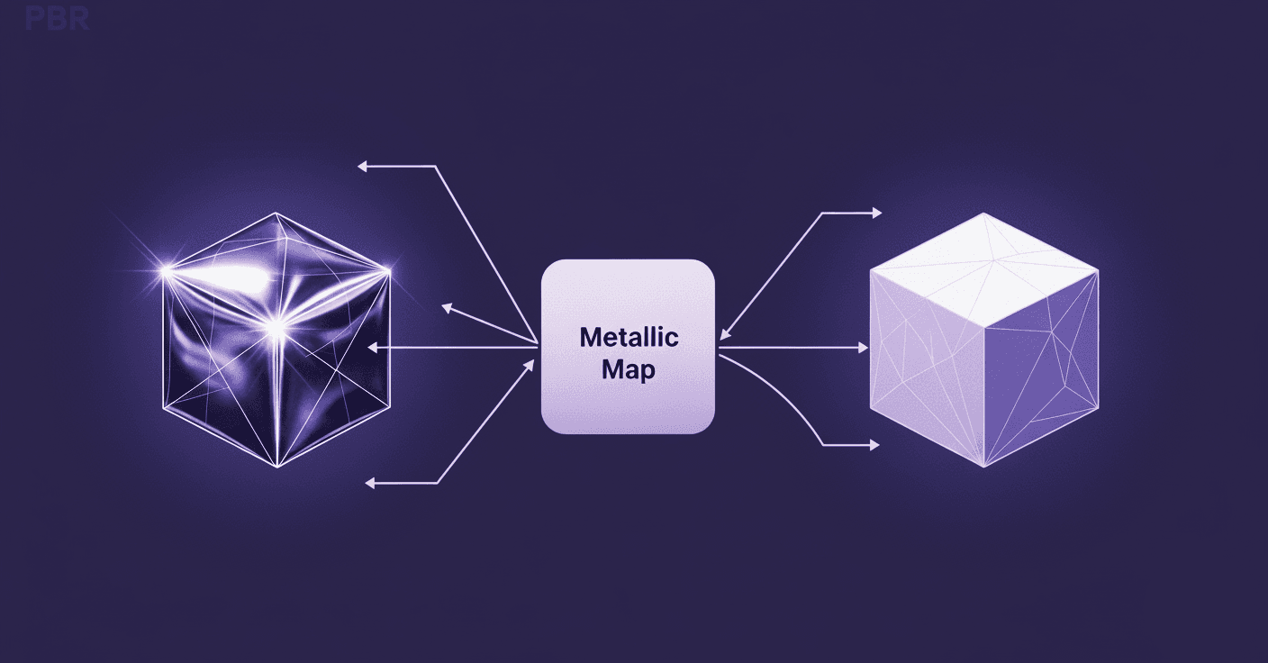 PBR Metallic Map: Switching Between Metallic and Non-Metallic Materials A diagram showing a central block labeled Metallic Map. Arrows point outward to a shiny, reflective metallic cube on the left and a matte, white non-metallic cube on the right. This illustrates the Metallic Map's role as a switch that determines whether a material is metallic or non-metallic in a PBR workflow.
