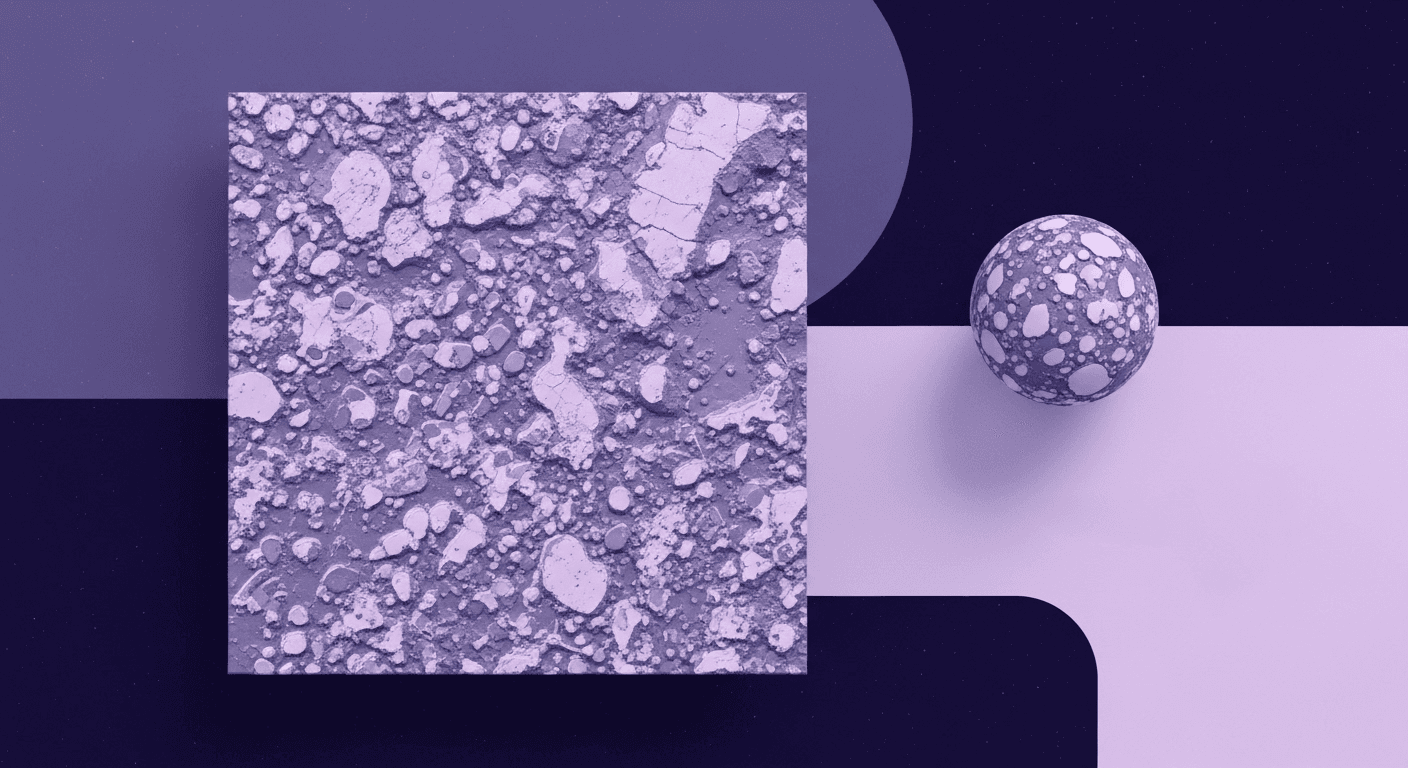 Albedo Maps Guide for PBR Materials A conceptual illustration of a close-up 3D rendering of a highly detailed, rough, and rocky texture applied to a square plane and a sphere in purple tones, symbolizing a high-quality Albedo map used in PBR workflows.