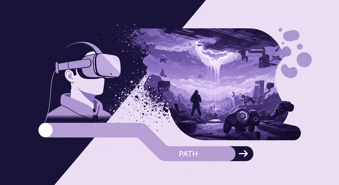 The Role of 360 Texture Environments in Virtual Reality A split illustration showing the side profile of a person wearing a virtual reality (VR) headset on the left. The scene disintegrates from the headset into a complex, detailed 360-degree apocalyptic or sci-fi landscape on the right, which features figures, lightning, game controllers, and detailed terrain.