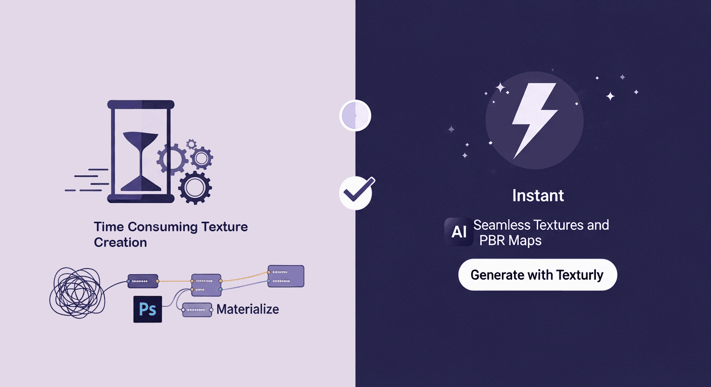 Texturly AI vs Photoshop & Materialize for Texture Production A comparison of texture production method: the left side shows an hourglass and a complex node graph with Photoshop and Materialize icons, labeled Time Consuming Texture Creation; the right side shows a lightning bolt labeled Instant and Generate with Texturly, illustrating the difference between hours to minutes.