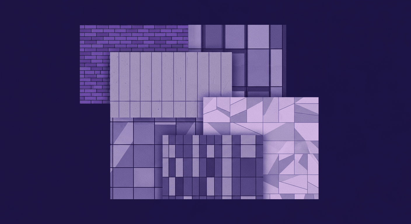 Architectural Facade Textures and Building Performance An abstract, purple-toned collage showcasing various architectural facade textures, including brick, modular panels, glass, and geometric patterns, symbolizing how external material choices deeply impact a building's performance and energy efficiency.