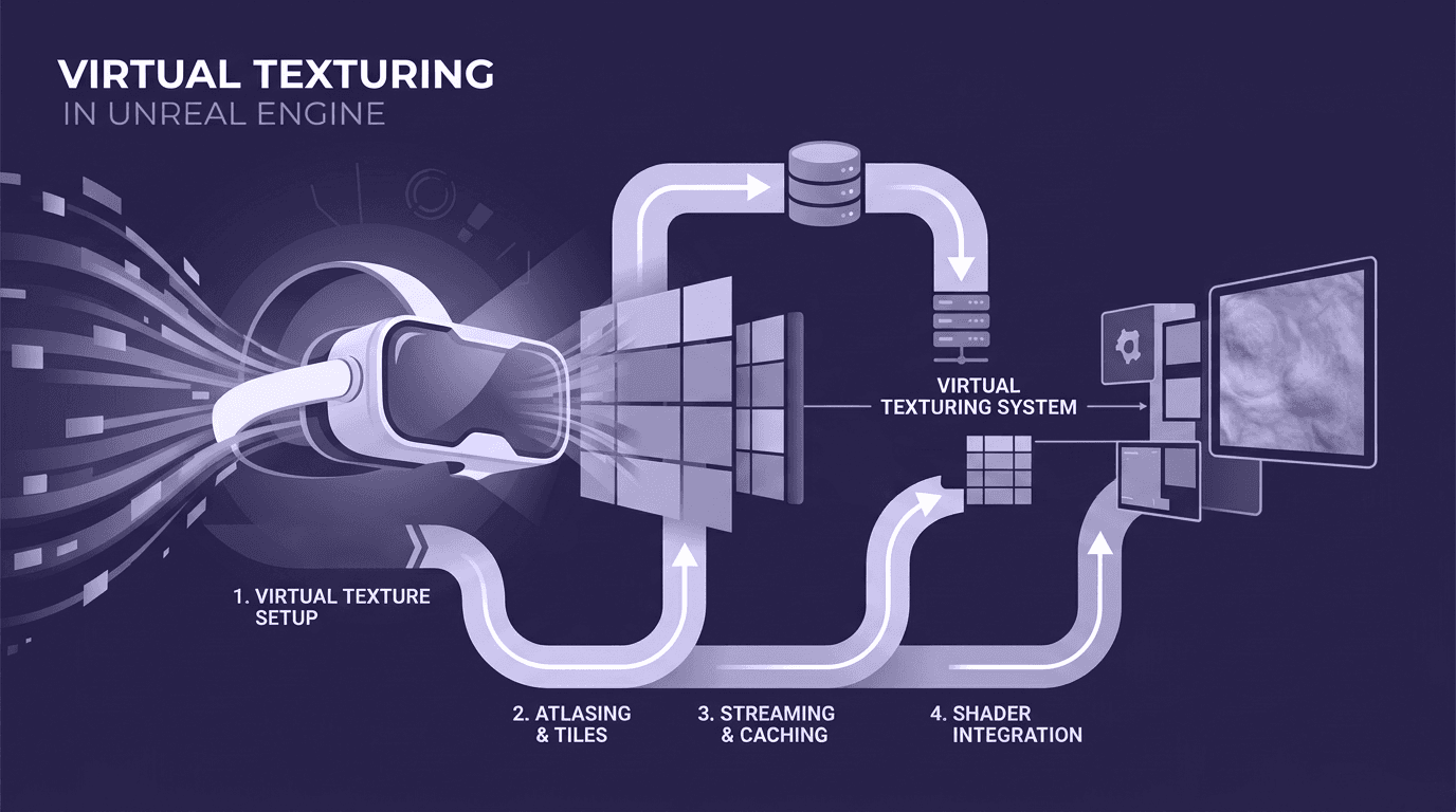Virtual Texturing Pipeline in Unreal Engine A 4-step technical flowchart illustrating Virtual Texture Setup, Atlasing, Streaming, and Shader Integration within Unreal Engine for VR.