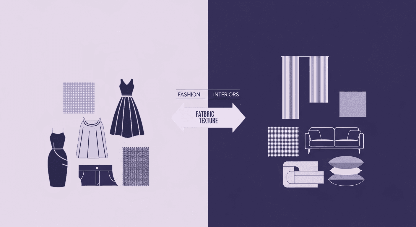 The Role of Fabric Texture in Shaping Fashion and Interior Design Strategy A conceptual diagram split into two sides: the left side displays various clothing items (fashion) and fabric swatches, while the right side displays furniture and curtains (interiors). A central arrow labelled Fabric Texture points toward both, illustrating how texture shapes design strategy across both industries.