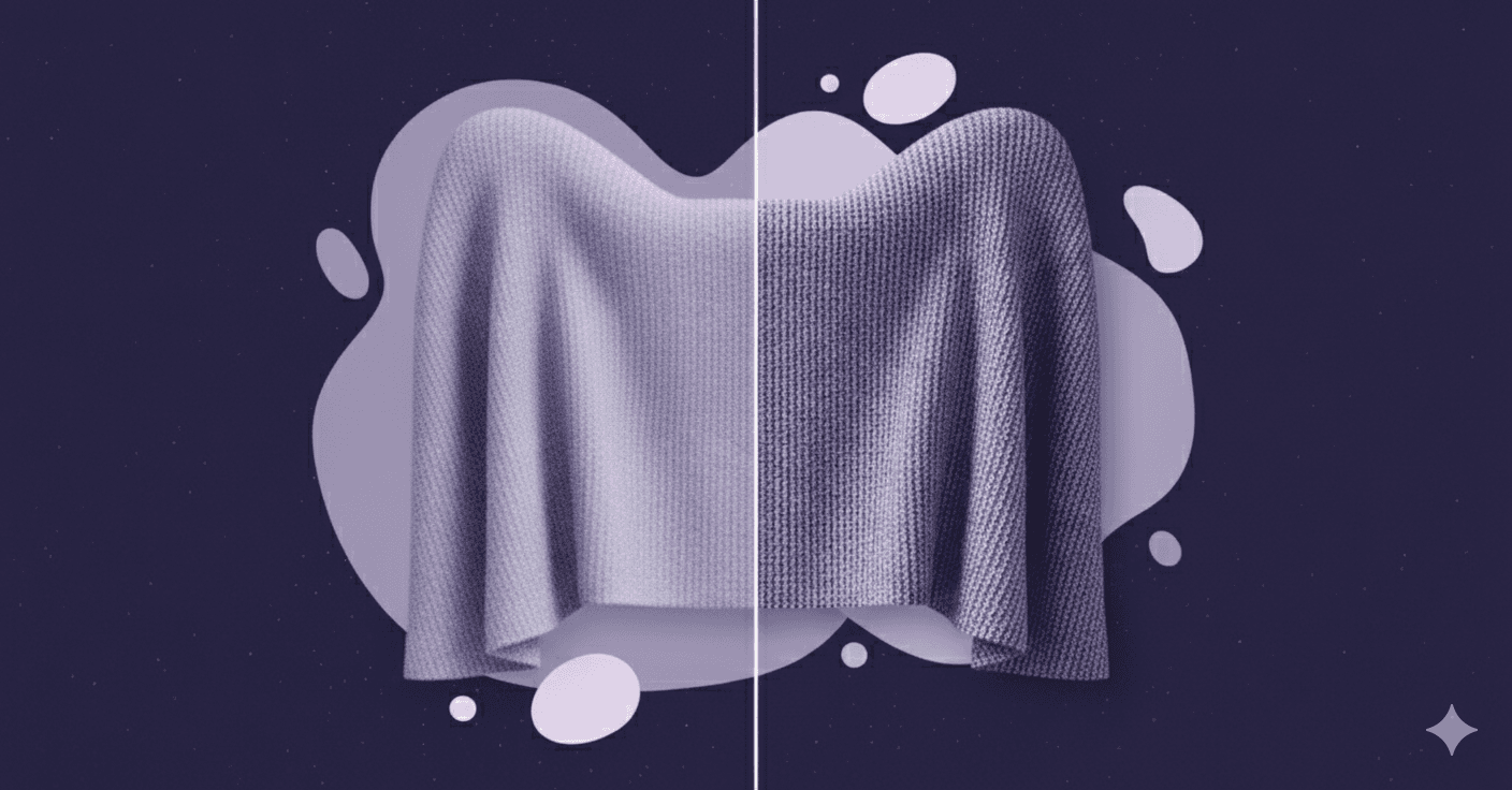 Why Your Gorgeous Fabric Textures Look Flat And How to Fix It Comparison A conceptual comparison of a draped fabric texture: the left side appears smooth and flat, lacking detail, while the right side shows the same fabric with a deep, dynamic knit pattern, highlighting the difference between a dull and a gorgeous fabric texture.