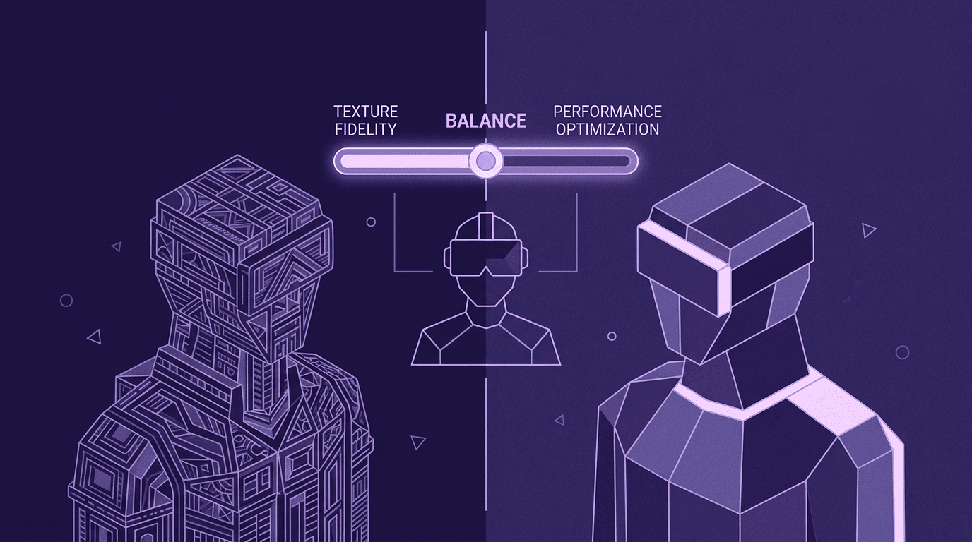 Balancing Texture Quality and Performance in VR An infographic showing two avatars, one high-detail and one low-poly, with a slider balancing Texture Fidelity against Performance Optimization for a VR headset user.
