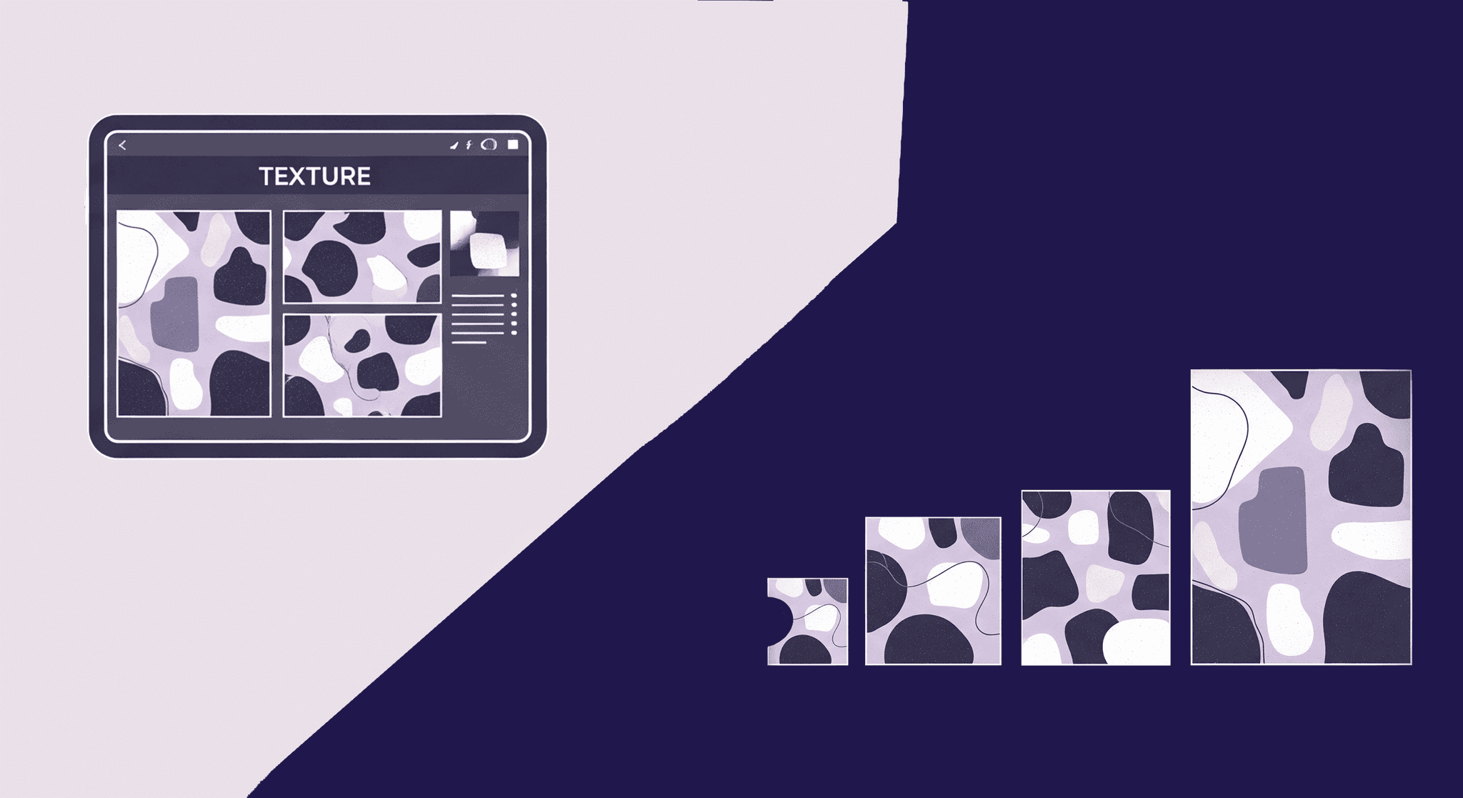 Digital Transformation of Textile Texture Design An illustration showing a digital interface with texture displayed, showcasing multiple views of an abstract, organic pattern on the left. On the right, the same pattern is shown in increasing sizes, symbolizing how digital technology facilitates the transformation and scaling of textile texture designs.