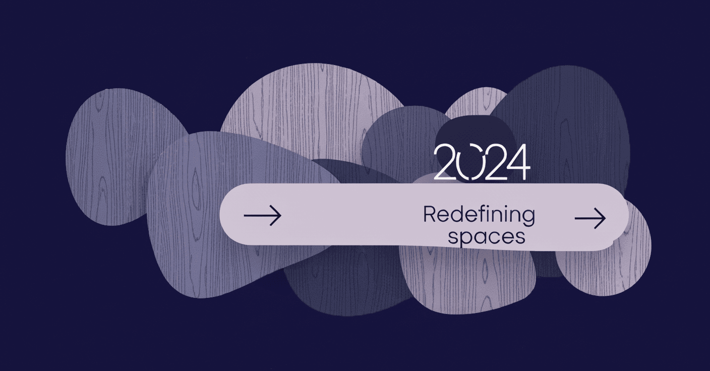 Wood Veneer Texture Trends 2024: Redefining Spaces An abstract illustration of overlapping, organically shaped wood veneer textures in muted blue and gray tones, with the text 2024 Redefining spaces, symbolizing interior design trends for the year.