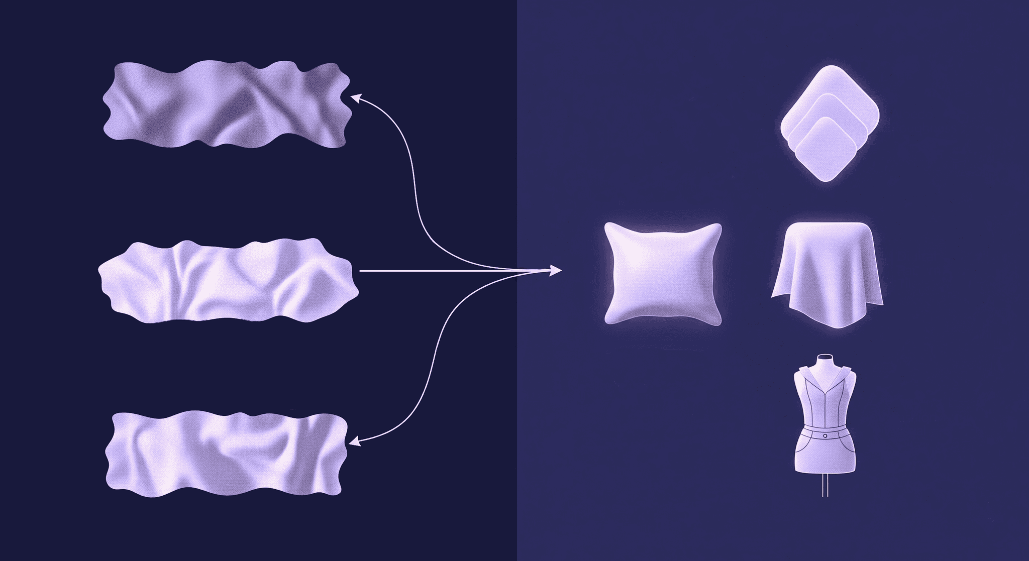 Textile Texture Projects for Digital Design Assets A diagram showing the digital design workflow for textile textures. Three abstract textured shapes on the left are shown being applied to different 3D assets on the right: a pillow, a draped cloth, and clothing on a mannequin. This illustrates turning textures into professional assets.