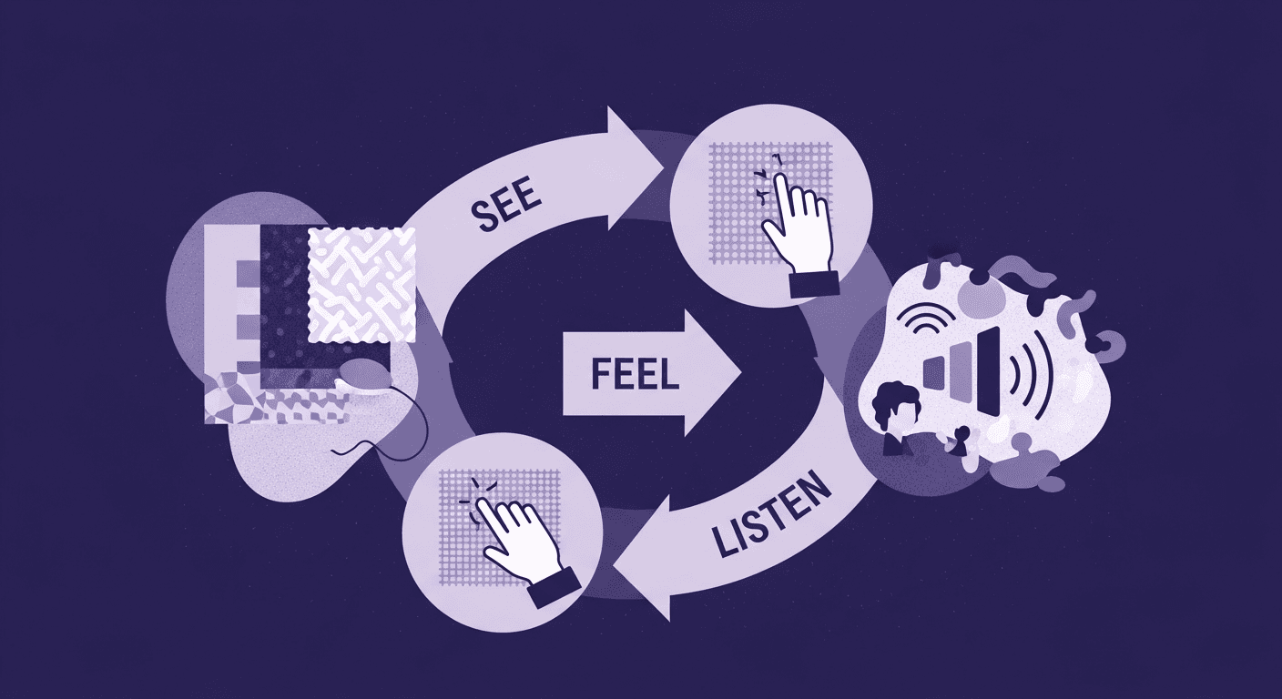 See Feel Listen Method For Decoding Fabric Texture Analysis An illustrative diagram showing the circular See-Feel-Listen method used to decode fabric texture. The cycle moves from seeing a fabric sample, to feeling it with a hand icon, to listening, with a central arrow pointing to the overall concept of Feel, symbolising a deep understanding of the textile's properties.