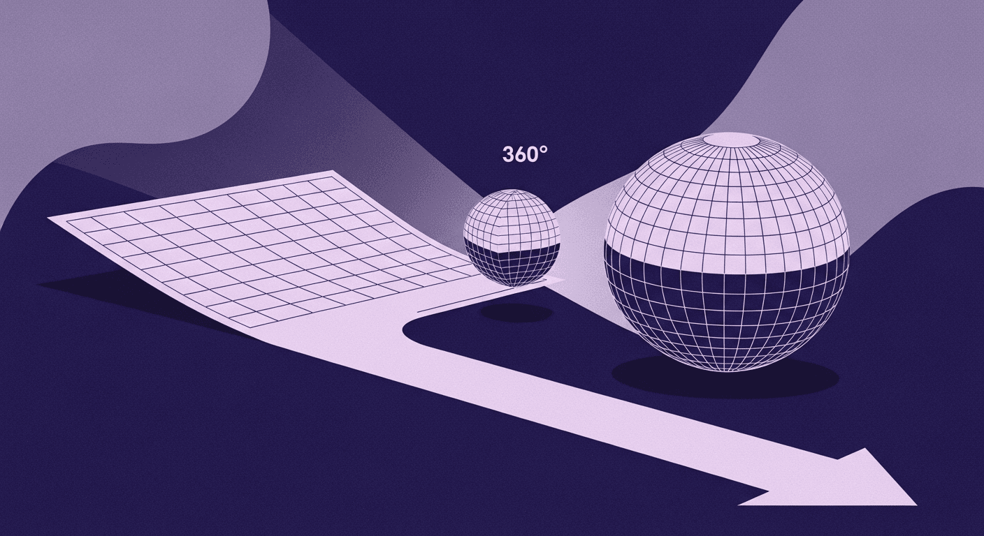 360 Environment Textures - Projection Visualization An abstract visualization of a 360-degree projection, depicting a 2D grid transforming into a sphere, illustrating texture mapping in immersive environments.