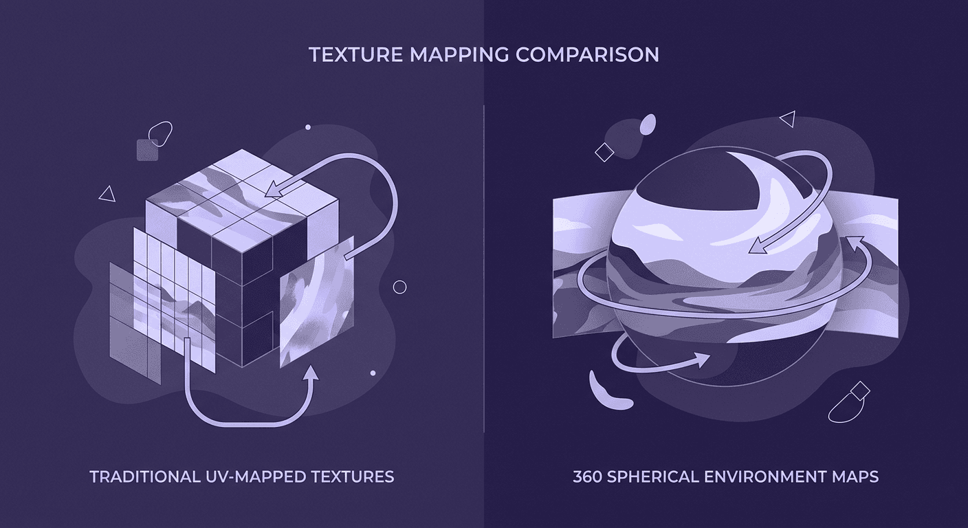 360 Environment Textures vs Traditional Textures A side-by-side comparison of traditional cube-based UV mapping versus 360-degree spherical environment projection.