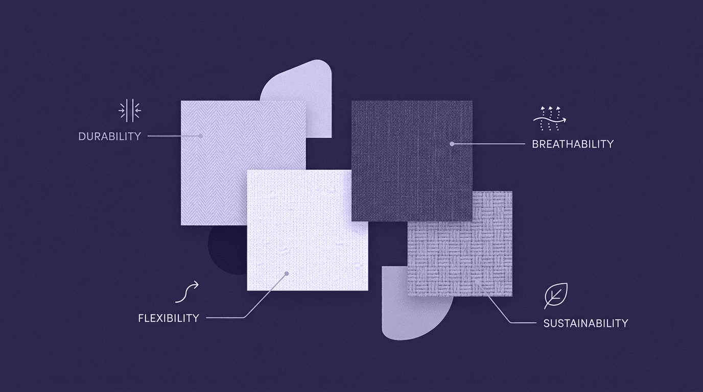 Key Textile Performance and Sustainability Metrics An infographic showcasing four fabric swatches with callouts for Durability, Breathability, Flexibility, and Sustainability standards.