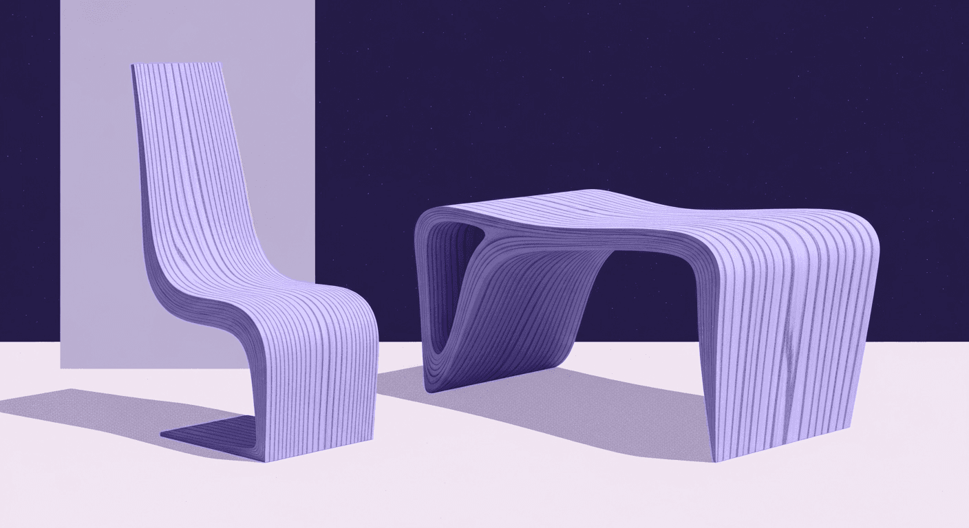 Innovative Wood Veneer Techniques Shaping Modern Furniture Design An artistic graphic illustrating a 3D rendering of two pieces of modern, organic-shaped furniture—a chair and a table—made of vertically striped, purple wood veneer texture, symbolizing innovative techniques in contemporary furniture design.