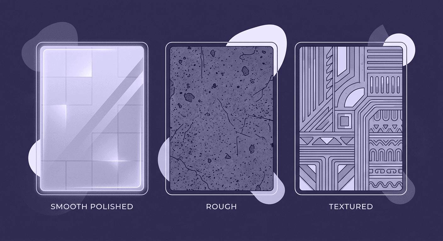 Comparison of Polished, Rough, and Textured Concrete A side-by-side comparison of three concrete finishes: smooth polished, rough natural, and patterned textured surfaces.