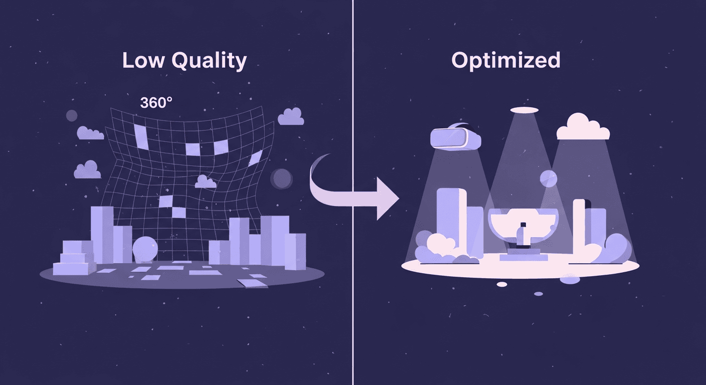 Optimizing 360 Textures for Seamless VR Environments A split comparison graphic showing a Low Quality distorted 360-degree grid versus an Optimized seamless VR world with spotlighted 3D assets and a VR headset icon.
