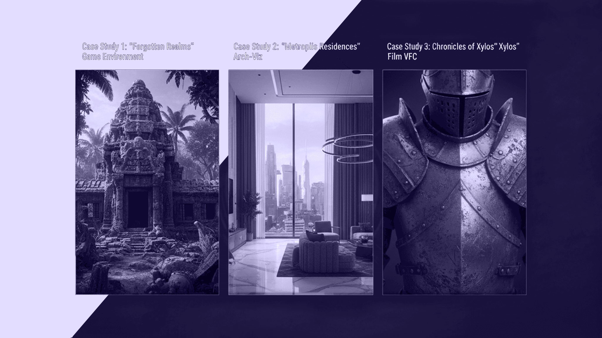 Case Studies of 6K Texture Integration in Professional Workflows A three-panel case study display: Forgotten Realms game environment, Metropolis Residences architectural visualization, and Chronicles of Xylos film VFX armor.
