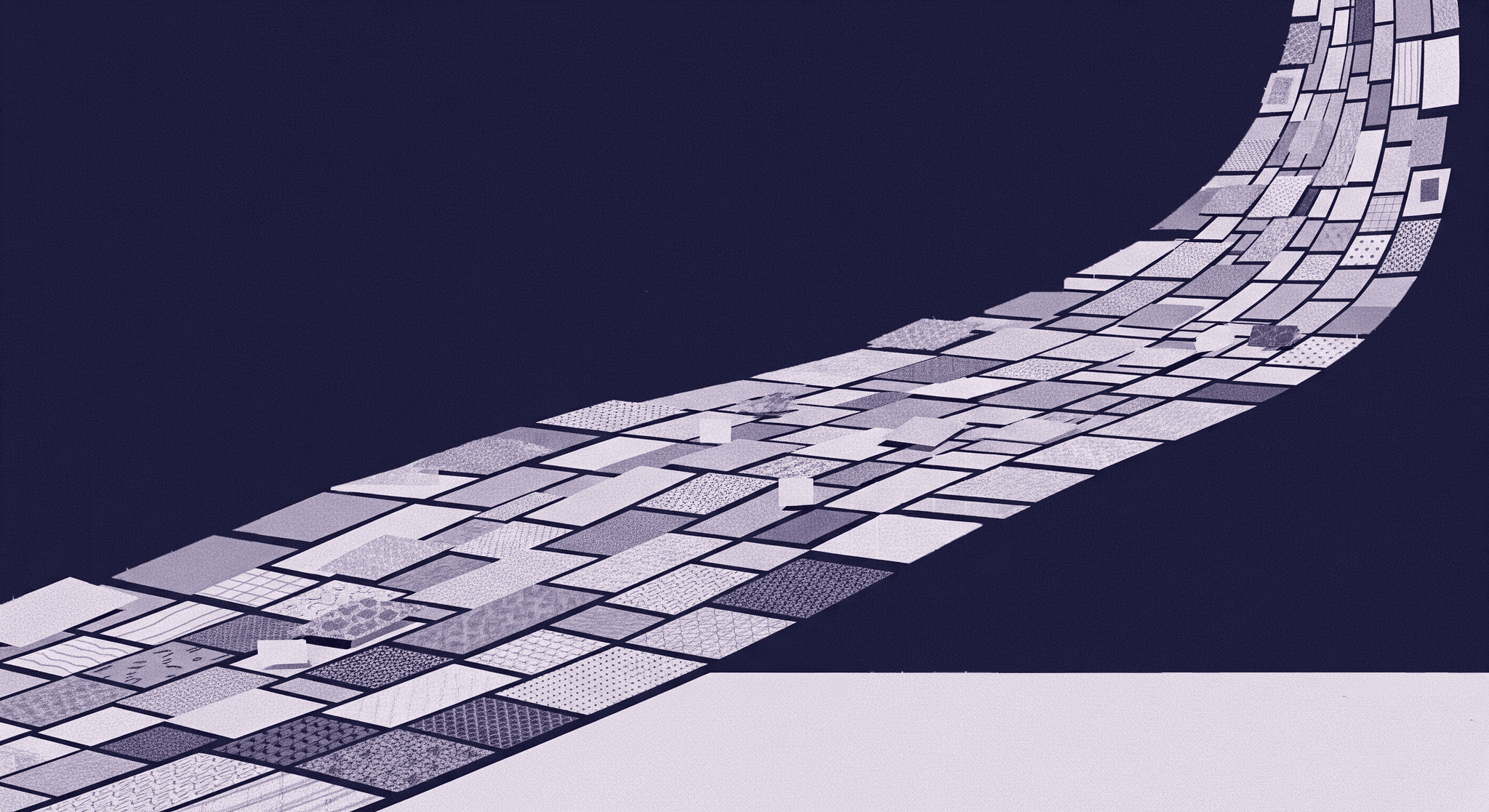 A Guide to Seamless Texture Essentials An abstract illustration showing a path made of various patterned squares and rectangles, curving into the distance. The patterns repeat seamlessly, demonstrating the core concept of seamless textures for digital design.