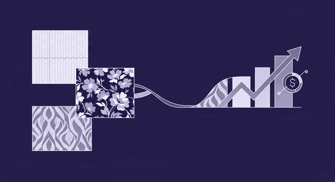 Fabric Texture ROI - Abstract Value Creation An abstract representation illustrates value creation in fabric texture applications, transitioning from a fabric weave grid to geometric bars like a financial chart.
