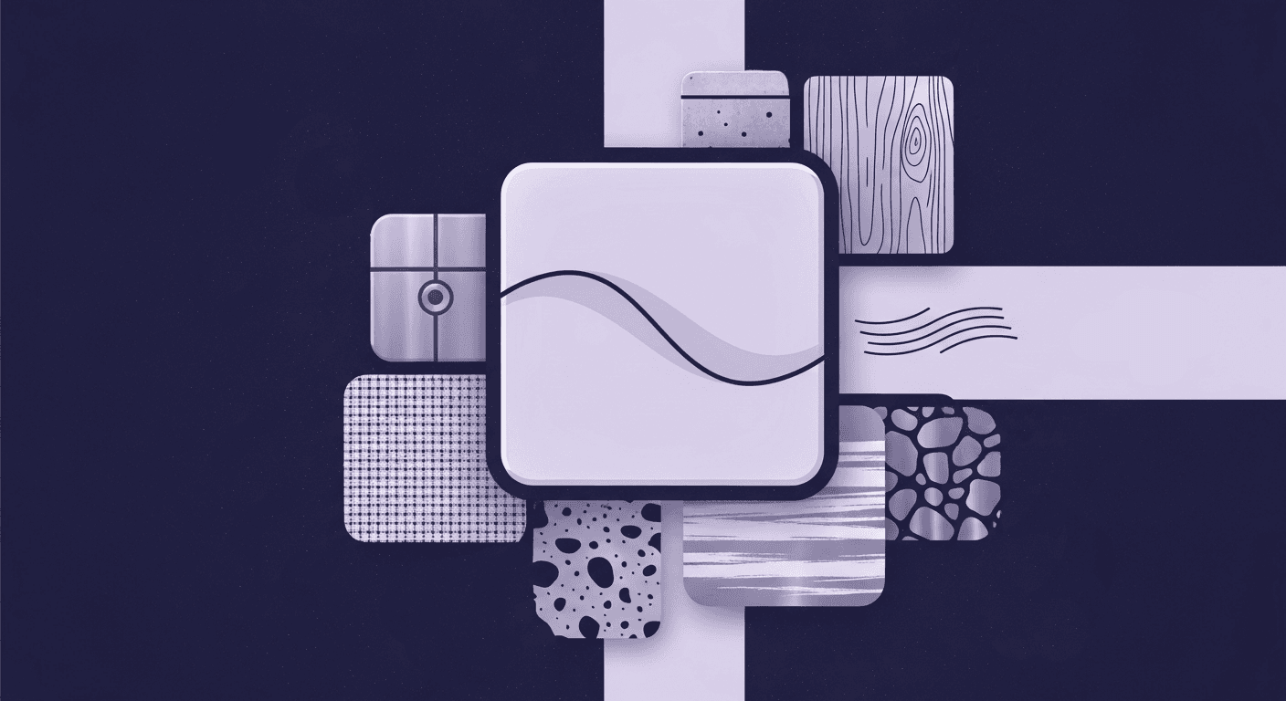 Plastic Texture Comparison A conceptual illustration showcasing a variety of material finishes and plastic textures, including rough wood grain, speckled stone, metal, and a fine grid pattern.