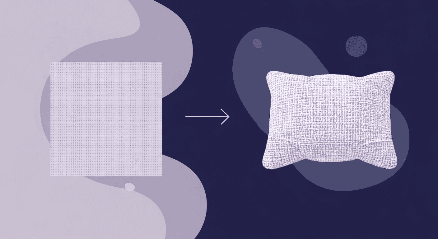 Transforming CG from Flat to Fabric with 4K Seamless Textures An illustration depicting a transformation. On the left, a flat, light purple square with a fine, grid-like texture represents a seamless CG texture. An arrow points to the right, where a plump, realistic 3D pillow with a detailed woven fabric texture is displayed, demonstrating how seamless textures add depth and tangibility to flat computer graphics.