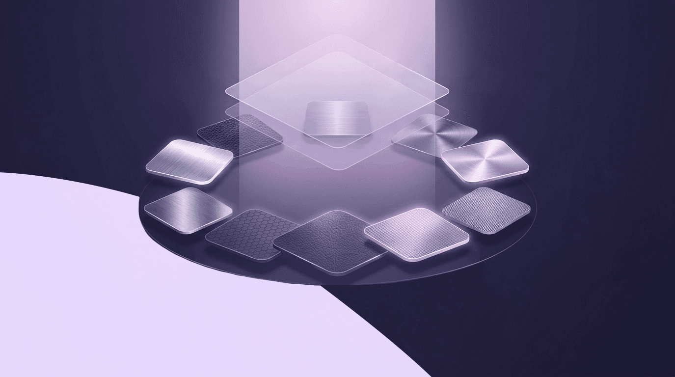 Dynamic Material for Digital Products An abstract representation of a 3D user interface displaying a circular array of high-fidelity material swatches, including brushed metal, carbon fiber, and leather textures.