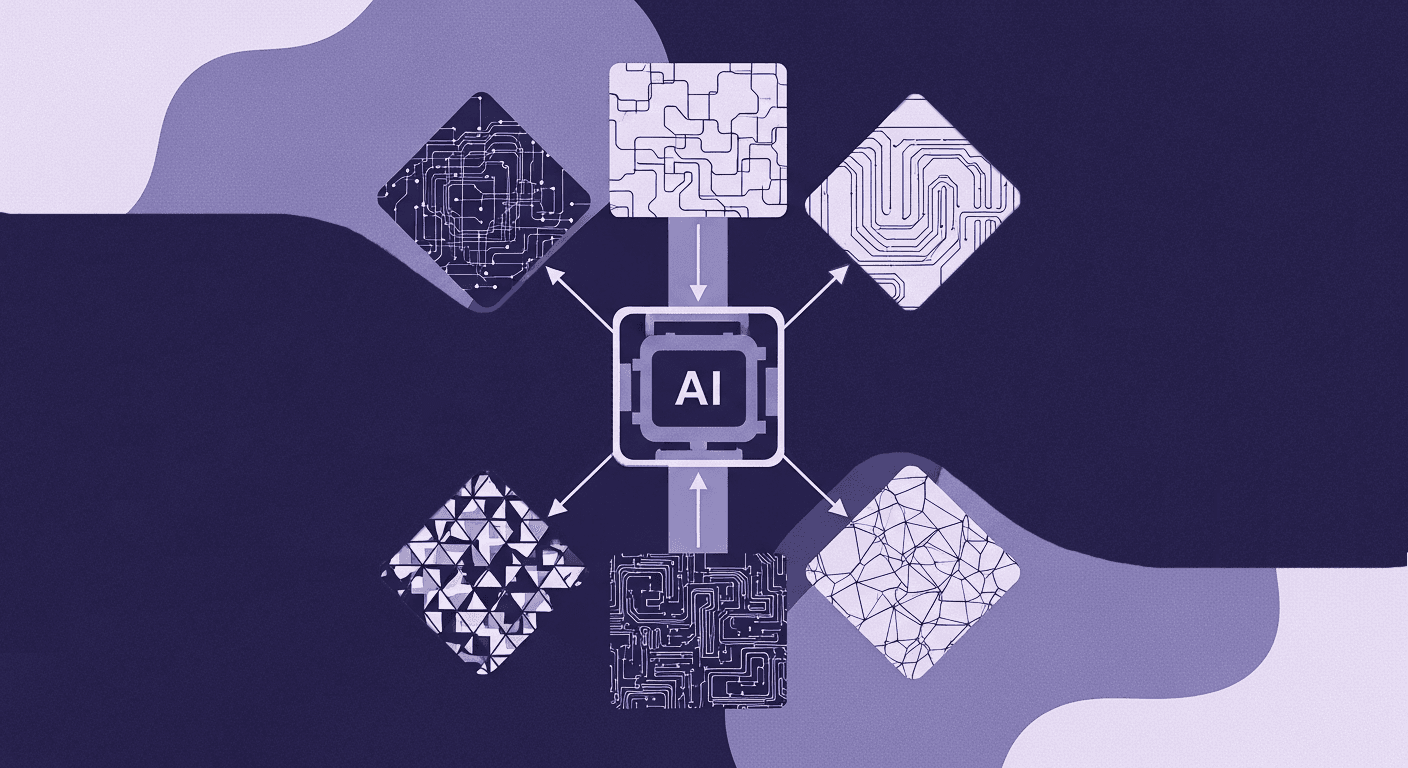 Pattern Generator Testing - Creative Workflow Transformation Illustration of an AI core distributing different pattern styles, highlighting key features of modern online pattern generator tools.