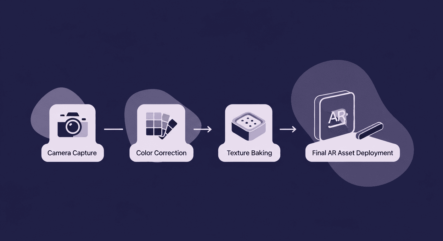 ARKit Texture Processing Pipeline Workflow A conceptual illustration of the 4 ARKit texture pipeline stages: Camera Capture, Color Correction, Texture Baking, and Final AR Asset Deployment.