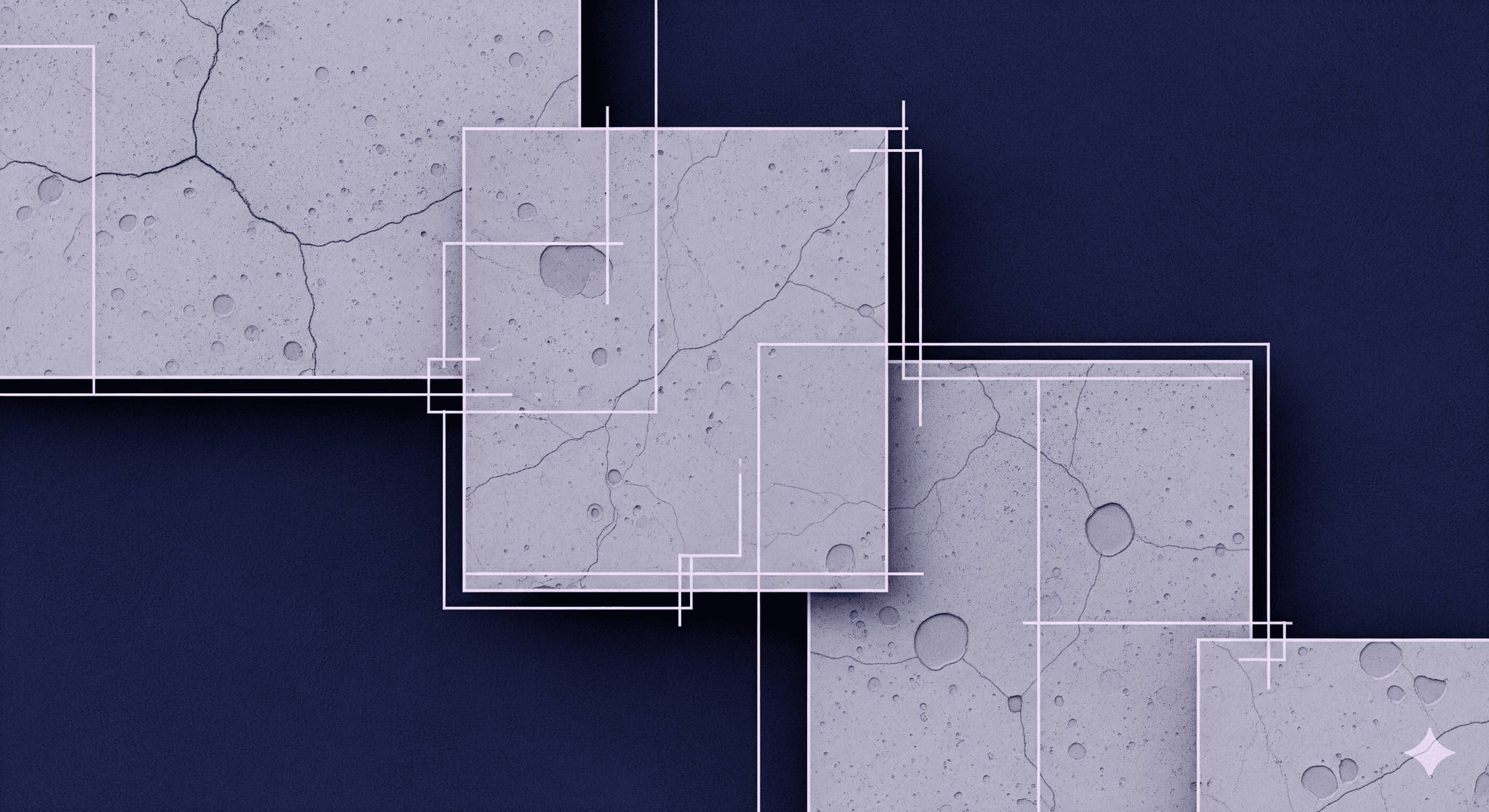 The Problem with Repeating Concrete Textures A series of light gray squares, each with the same repeating texture of cracked concrete, are layered over a dark blue background. Pink wireframe lines are overlaid on the squares to emphasize the precise, repetitive pattern, visually representing a common texture mistake in rendering.
