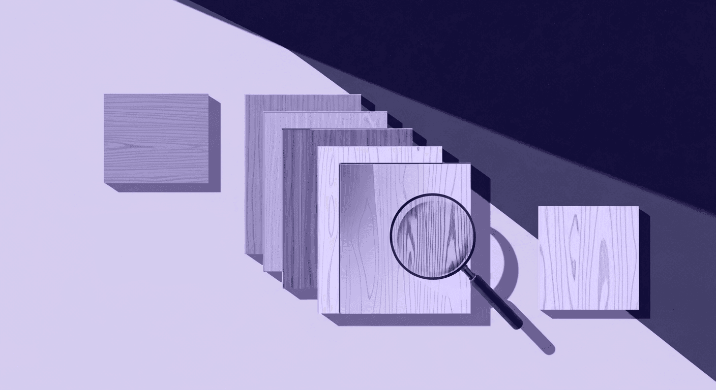 Guide for Choosing the Perfect Wood Veneer Texture An abstract showing stacked wood veneer texture samples with a magnifying glass highlighting fine-grain details for selecting photorealistic materials in 3D rendering workflows.