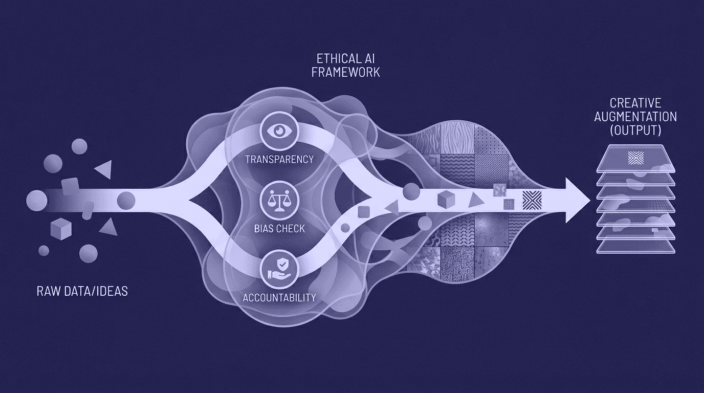 Ethical AI Texture Workflow - Creative Augmentation Graphic A minimalist graphic metaphor for creative augmentation in AI texture workflows, showing geometric shapes transforming with the influence of a complex organic form to illustrate the integration of ethical AI practices.