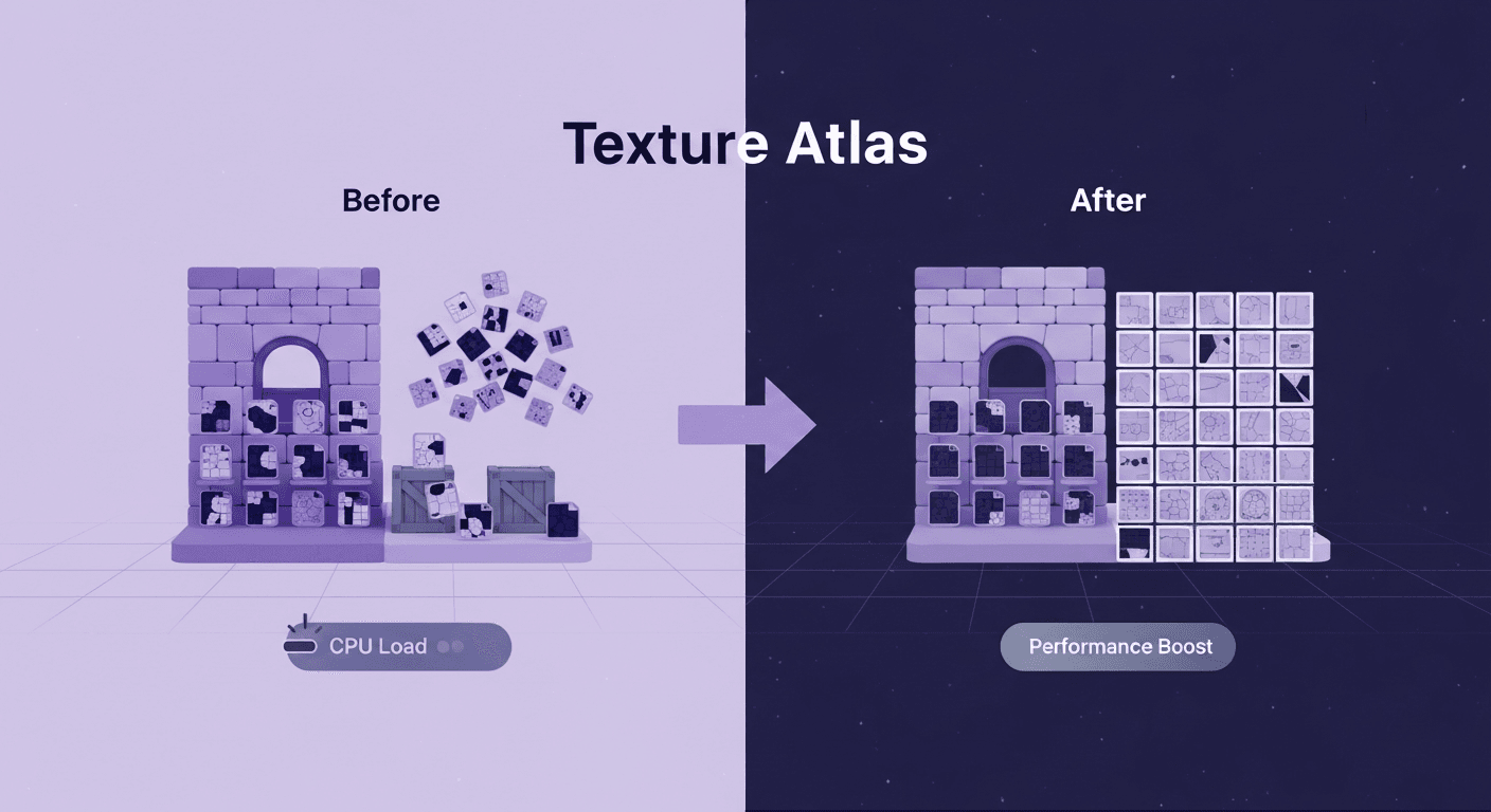 Visualizing the Performance Boost from a Texture Atlas in Unity 3D A diagram illustrating the concept of a Texture Atlas, showing a Before state with many scattered texture cubes and high CPU Load, transitioning to an After state where all textures are consolidated into a single, organized grid, labeled Performance Boost, demonstrating efficiency in a Unity 3D game engine.