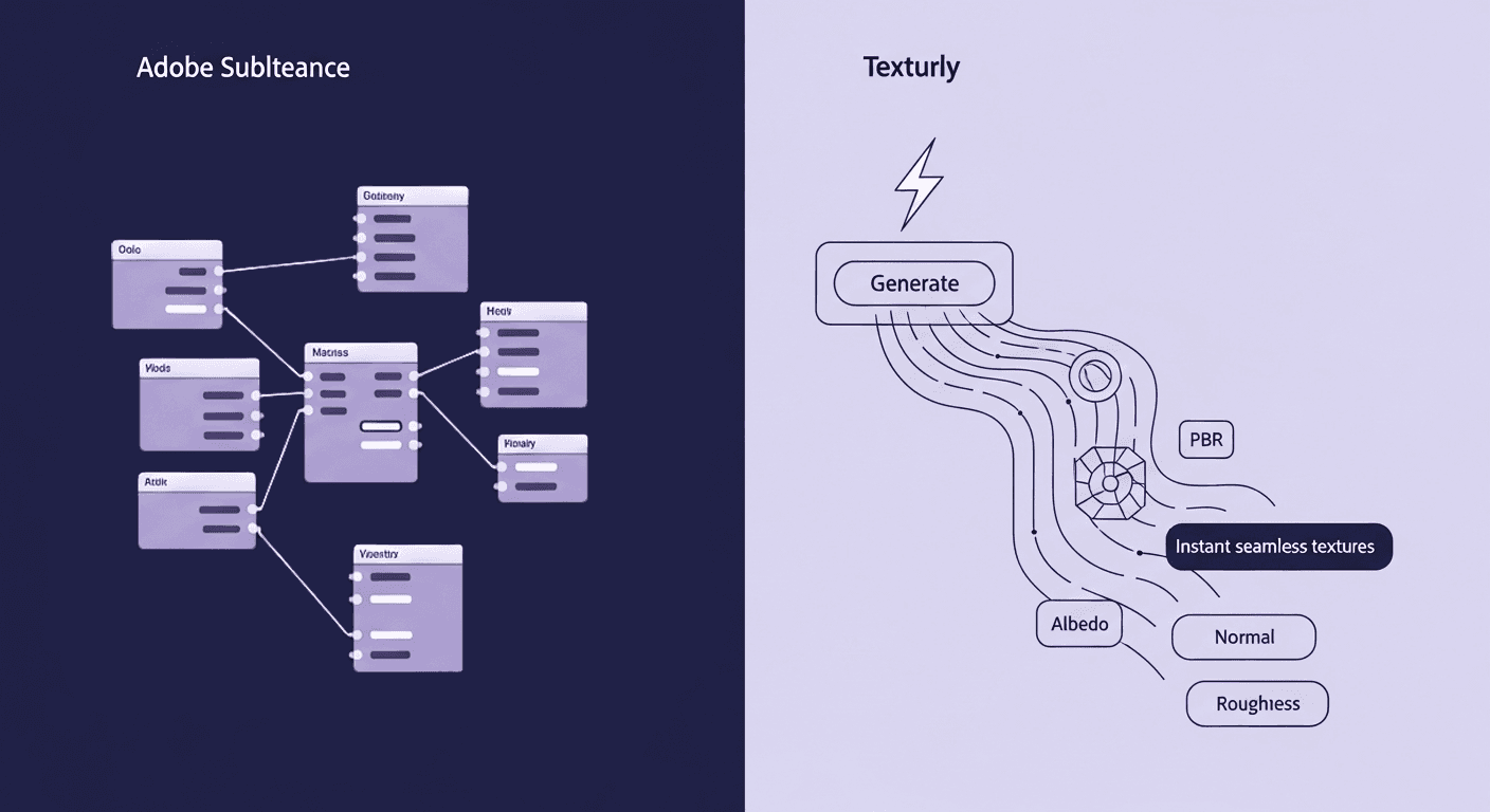 Texturly vs. Adobe Substance Workflow Comparison A diagram contrasting two texture creation workflows: the left shows a complex Adobe Substance node graph, while the right shows Texturly's instant seamless textures function, leading to outputs like Albedo, Normal, and PBR.