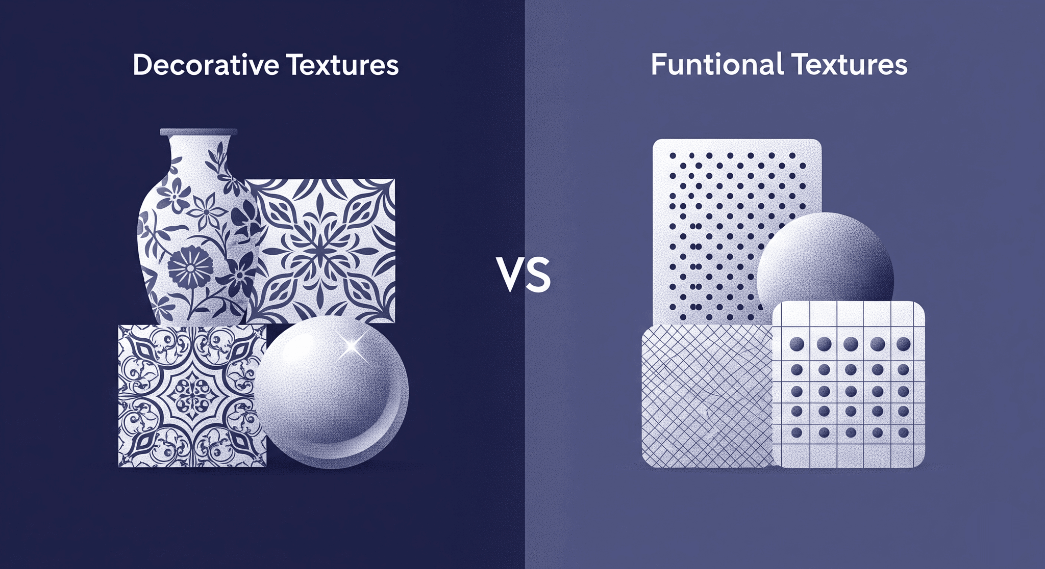 Functional vs. Decorative Textures in Product Design A side-by-side diagram contrasting two types of textures. The left side, labeled Decorative Textures, shows a vase and patterned tiles. The right side, labeled Functional Textures, shows geometric shapes with purposeful textures like dots and grids. This image visually explains how to use texture in product design to communicate value.