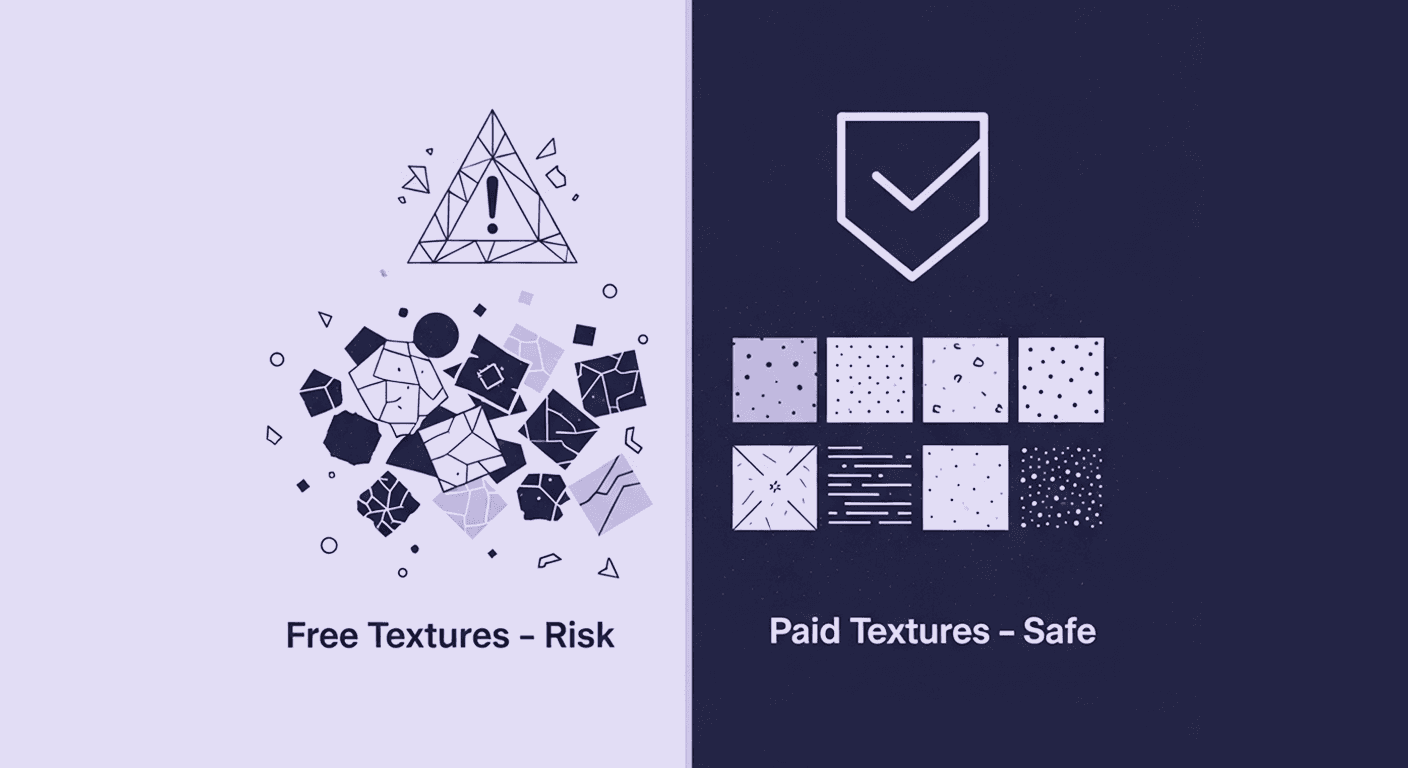 Free Texture Risk vs. Paid Texture Safety Framework A conceptual diagram is split into two sides. The left side shows chaotic, broken shapes and a warning sign labelled Risk, while the right side shows organised, clean texture swatches with a checkmark labelled Safe, addressing the decision for PBR textures.