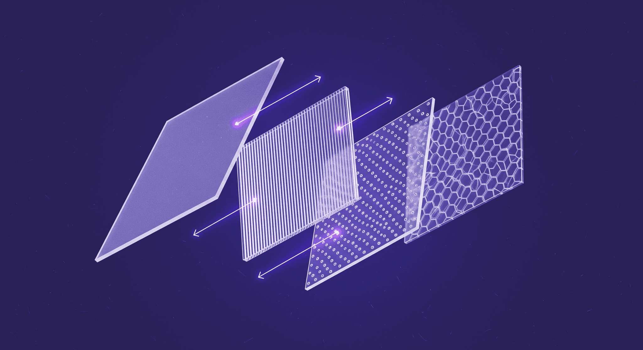 Building Tomorrow's Plastic Surfaces - Digital-to-Physical Transfer A diagram showing a series of four floating, semi-transparent plastic planes. The first is smooth, while the following three have increasingly complex textures: vertical lines, a grid of dots, and a honeycomb pattern.