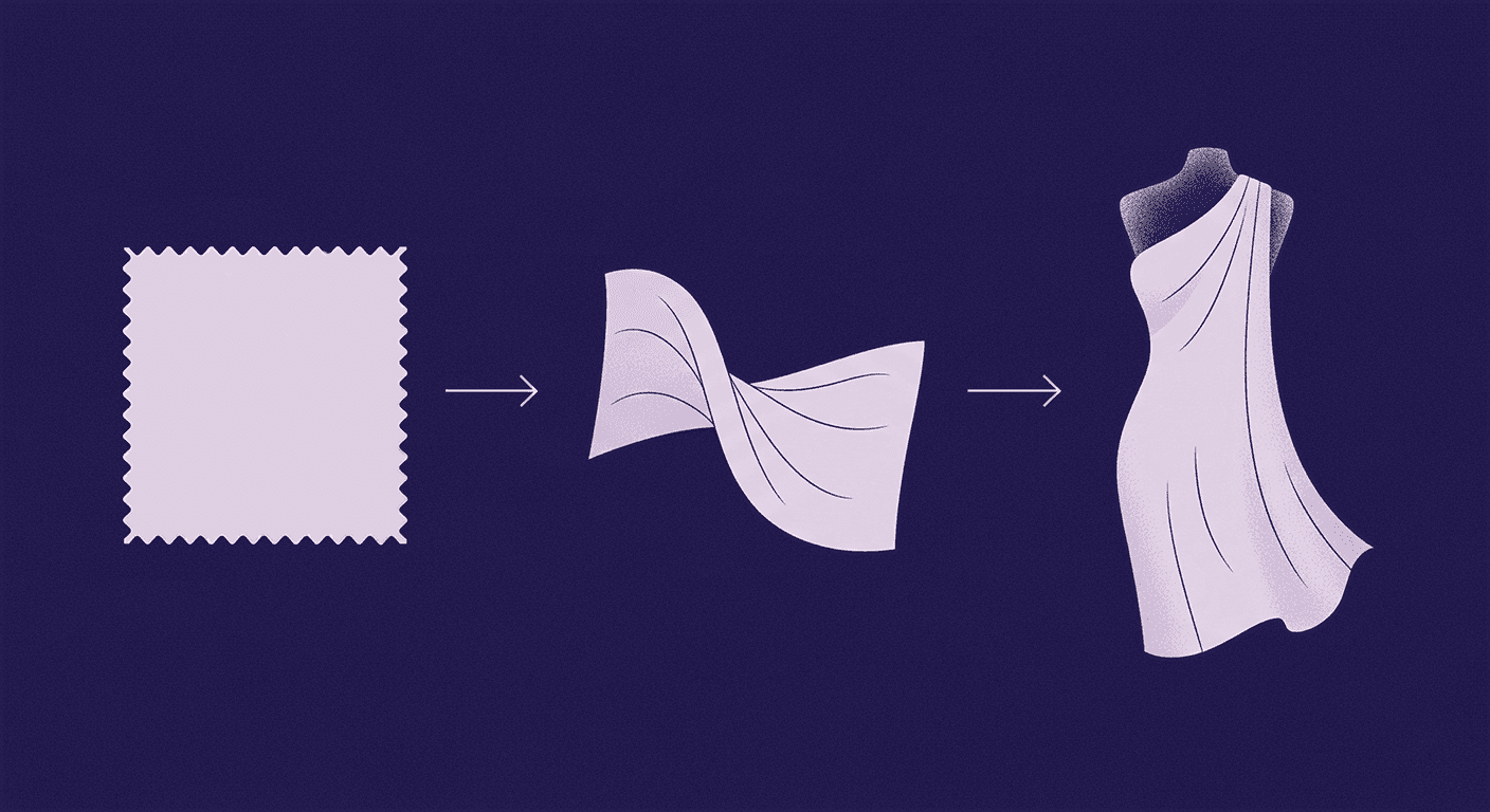 Workflow for Digital Textile Draping and Texture Mapping An illustration with three panels. The first panel shows a flat, rectangular fabric swatch. An arrow points to the middle panel, which shows the fabric twisted and folded in mid-air. A second arrow points to the final panel, where the fabric is draped on a mannequin to form a dress. This visualizes the process of digital draping for 3D fashion design.