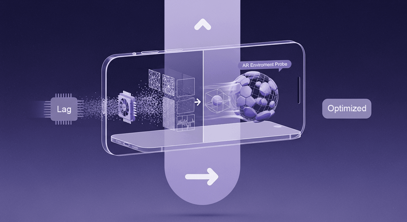 Optimizing ARKit Texture Generators for Mobile Augmented Reality Performance A schematic diagram inside a stylized smartphone screen demonstrating AR optimization. It shows Lag associated with a microchip and scattered data, which is then processed and optimized into a polished AR Environment Probe, resulting in an Optimized experience, symbolizing debugging ARKit texture generators for better mobile performance.