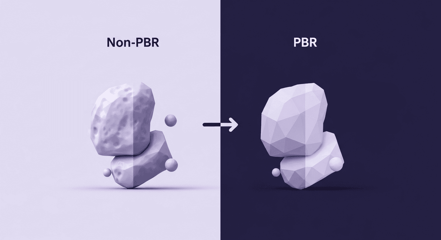 PBR vs. Traditional Workflows A visual comparison of a 3D rock asset, contrasting the left side labelled Non-PBR (using basic lighting to fake light) with the right side labelled PBR (Physically Based Rendering), which shows accurate geometric detail and complex lighting.