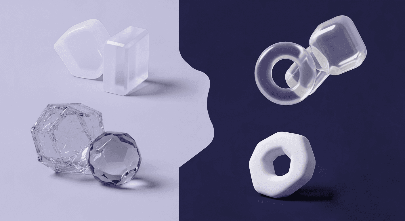 Achieving Realism in Plastic and Resin 3D Renders An illustration showing 3D material study comparing translucent resin, clear faceted plastic, and matte opaque polymers on a split-tone background.