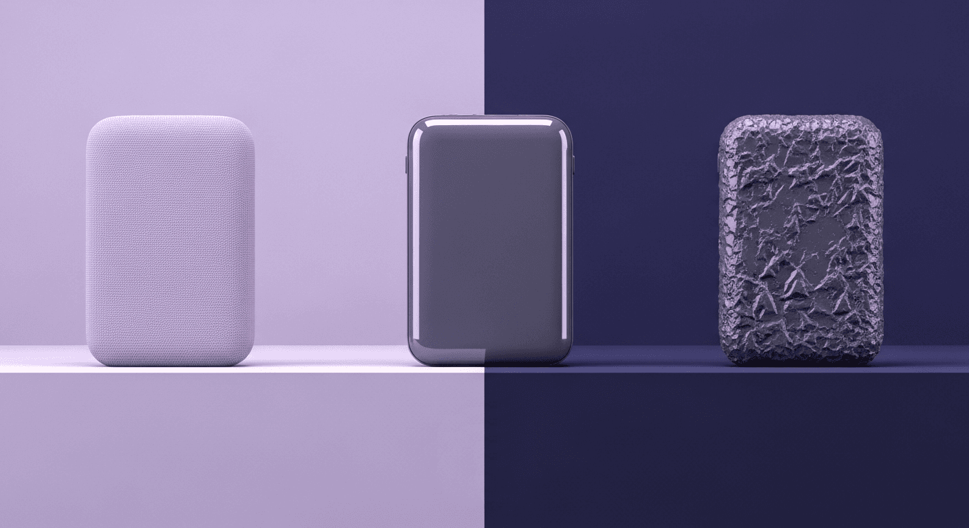 Comparing Functional and Aesthetic Plastic Textures for Product Design Three rounded rectangular devices made of plastic are displayed side-by-side. The left object features a woven plastic texture, suggesting a soft or grippy surface; the center object has a smooth, high-gloss plastic finish; and the right object has a dark, rugged, distressed plastic texture. This comparison demonstrates how surface texture tells a product's story.