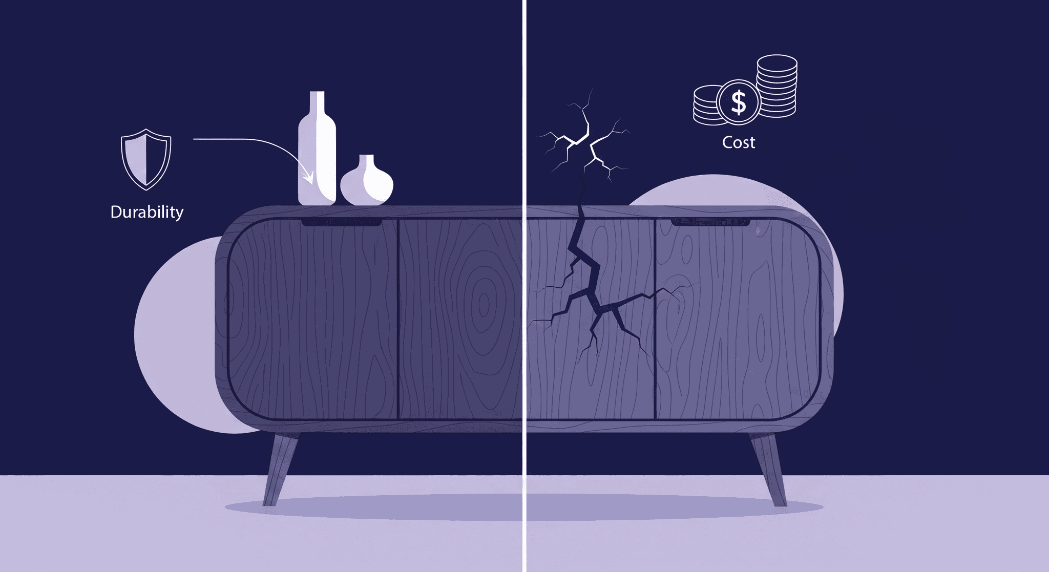 Solid Wood Durability vs. Cost in Interior Design An illustration of a wooden cabinet split into two halves. The left half is labeled Durability and is in perfect condition. The right half is cracked and is labeled Cost with a coin icon. This visually represents the compromise of solid wood in interior design regarding durability and expense.