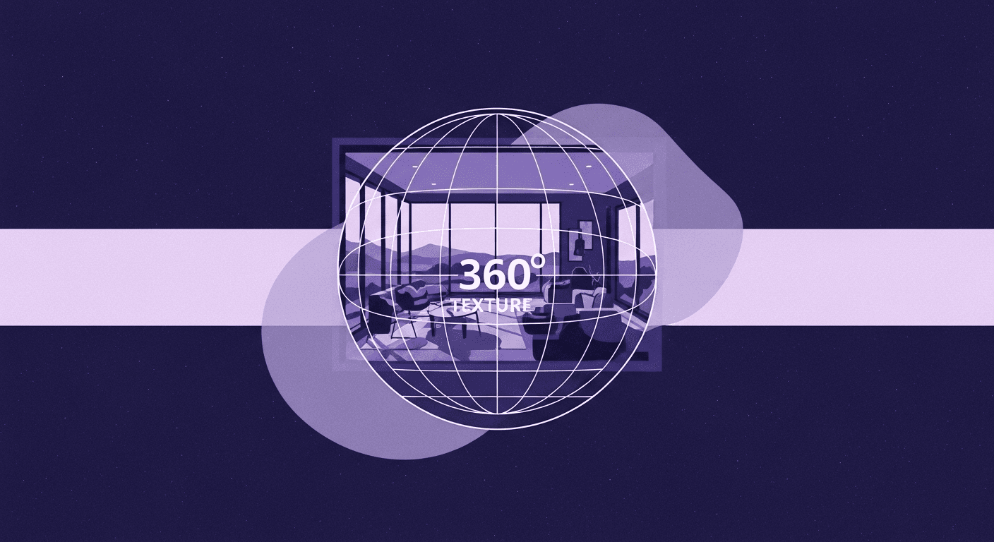 360 Environment Textures: Technical Pipeline for Immersive Digital Scenes Abstract illustration of a 360-degree sphere with gridlines superimposed over an interior room scene, along a directional arrow, symbolizing the technical pipeline for creating 360 environment textures.