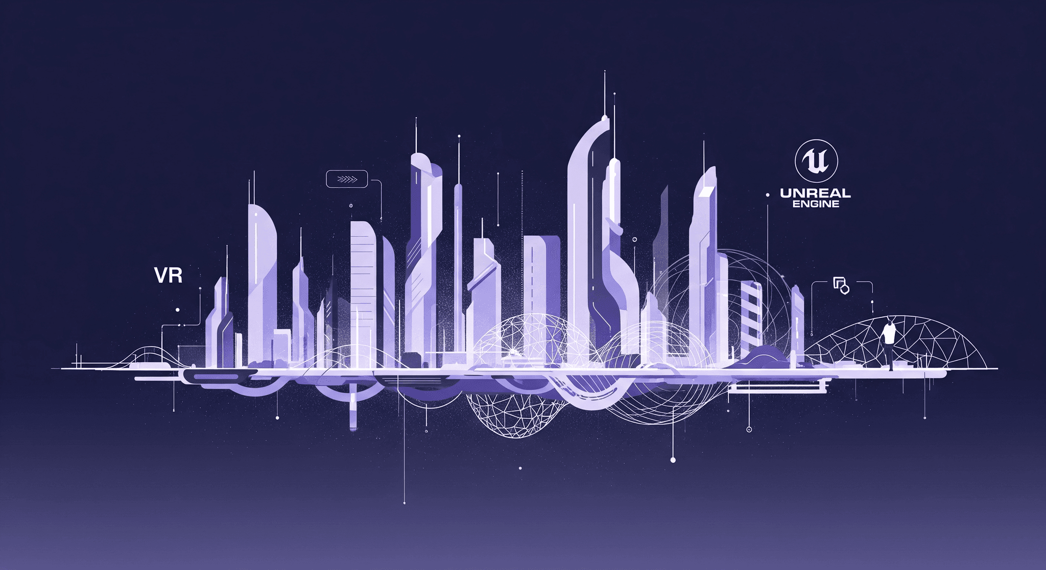 Procedural Building Generators in Unreal Engine for VR Optimization Futuristic cityscape created with procedural building generators in Unreal Engine, featuring elements like VR technology and optimized design, representing virtual environments for immersive VR worlds.