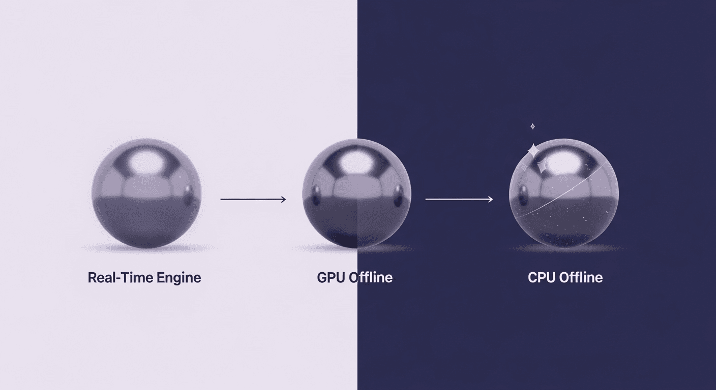 Rendering Engines & Metal Physics - Abstract Reflection A visual comparison showing a metal sphere rendered in three stages: Real-Time Engine (basic reflections), GPU Offline (improved realism and shadows), and CPU Offline (highest quality photorealistic metal with complex reflections and detailed scattering), illustrating the trade-off between speed and fidelity in rendering engine performance.