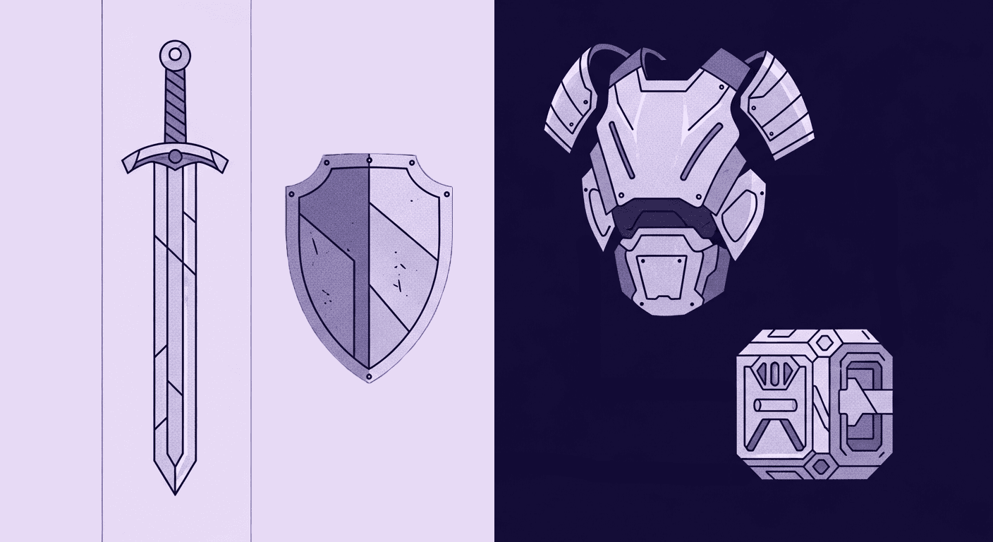Metal Textures in Game Development - 2D to 3D Transformation An illustration of game assets, including a sword, shield, and chest armor, showcasing different styles of metal textures used in game development.
