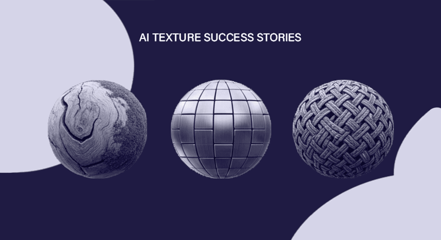 Strategic Analysis of AI Texture Success Stories A conceptual illustration of an AI-driven texturing titled AI Texture Success Stories featuring three 3D material spheres: organic wood, metallic tiles, and woven fabric.